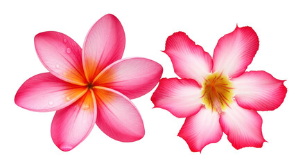 Isolated tropical frangipani flowers, plumeria blossoms, exotic floral beauty and vibrant colors
