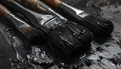 Paintbrushes covered in black paint