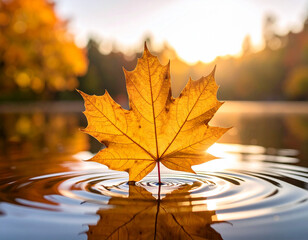 Golden Autumn Maple Leaf Ripples on Water Surface with Sun Flare
