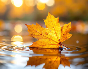 Golden maple leaf floating on water surface with bokeh background and reflection, symbolizing autumn's beauty and gentle transition