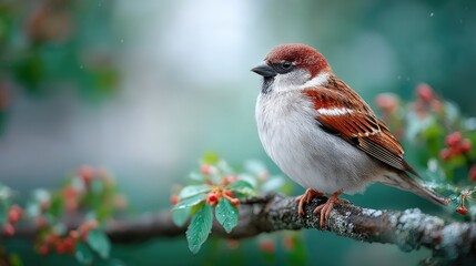 Closeup of a Sparrow Perched on a Branch with Red Berries and Bokeh Background in Cinematic HDR Lighting