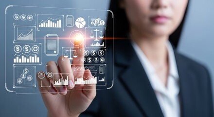 Business Woman Touching Interface - Asian businesswoman interacting with a transparent interface, highlighting concepts of technology and business