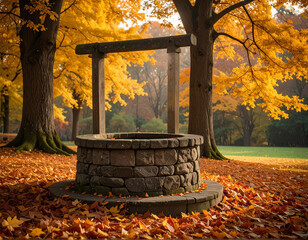 An old stone wishing well sits in a park surrounded by colorful autumn trees and fallen leaves