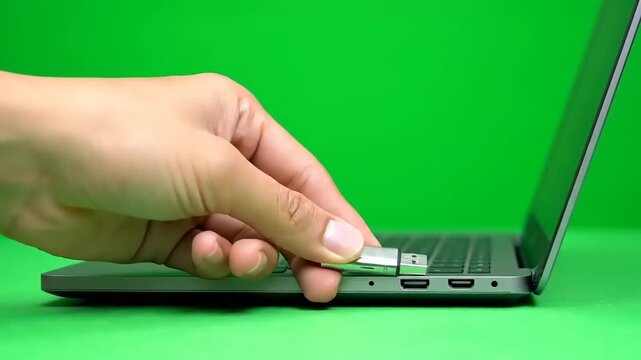 Hand trying to insert a USB flash drive into a laptop port on a green screen background. Concept of data storage