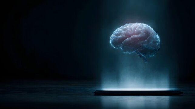 A glowing blue holographic brain model is projected from a dark tablet device in a futuristic conceptual display