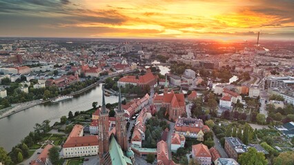 Golden Hour Aerial Panorama of Wrocław Old Town with Market Square, Historic Tenement Houses and Gothic Architecture in the Heart of Poland
