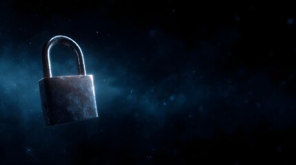 A metallic padlock hovers in a dark abstract digital space illuminated by blue light