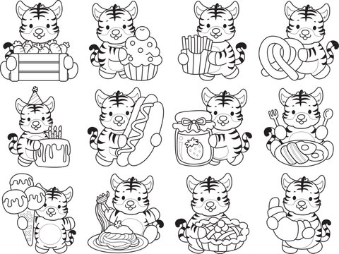 Coloring book of cute tiger character vector clip art for children.  