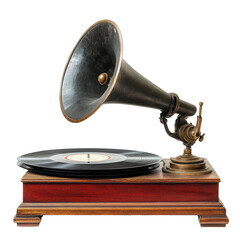 Vintage phonograph with vinyl records, isolate on transparent white background