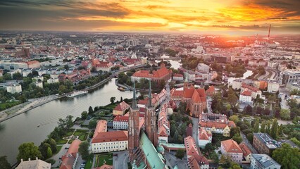 Golden Hour Aerial Panorama of Wrocław Old Town with Market Square, Historic Tenement Houses and Gothic Architecture in the Heart of Poland