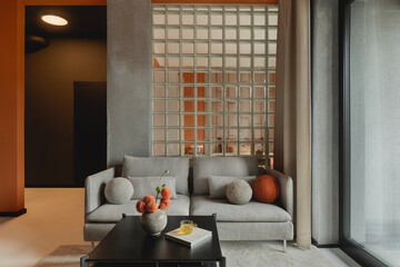 Stylish living room with gray sofa, textured wall, glass block partition and warm-toned accessories.