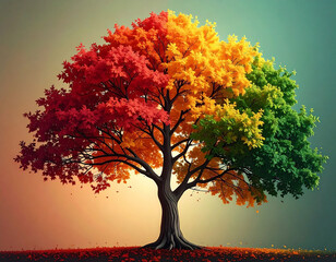 A vibrant tree showcases nature's colorful spectrum, with leaves shifting from lush green to golden yellow and fiery red, symbolizing the beauty of seasonal change and growth