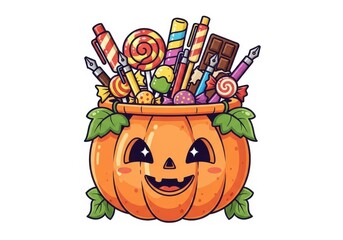 Halloween pumpkin bucket overflowing with candy and pens image
