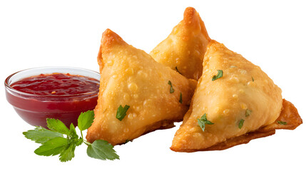 Golden Samosas with Spicy Red Sauce and Fresh Mint Leaves crispy food isolated on a transparent background