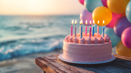 Sweet dessert cake decorated with candles on coastal table, colorful balloons hovering, symbolizing summer fun, holiday happiness, and seaside party spirit.