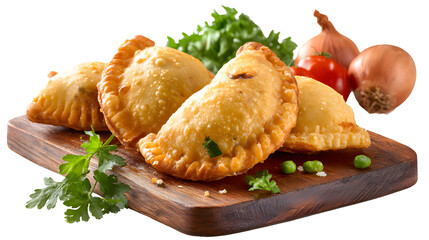 Four Golden Empanadas on a Wooden Board with Vegetables pastry fried isolated on a transparent background