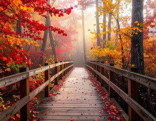 Autumn Serenity A Wooden Bridge Path Through Vibrant Fall Foliage