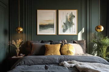 Fototapeta premium Dark green bedroom with framed artwork and gold accents