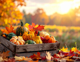 Rustic wooden crate full of vibrant gourds and pumpkins, nestled among brilliant autumn leaves under a warm golden sunset, celebrating the abundant harvest season