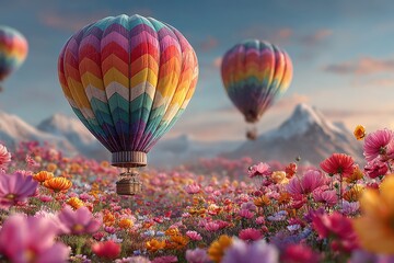 Fototapeta premium Vibrant Hot Air Balloons Drifting Over a Field of Blooming Flowers