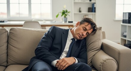 Exhausted Businessman Napping on Office Couch - A tired businessman in a suit sleeps soundly on a couch in his office. The scene symbolizes fatigue, rest, work, comfort, and a break