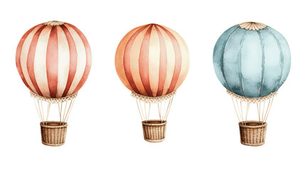 Naklejka premium Watercolor illustration of three hot air balloons in pastel stripes with wicker baskets on white backdrop, whimsical vintage artwork ideal for nursery decoration or party invites.