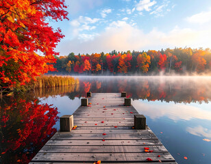 Autumnal Serenity A Wooden Dock Beckons Towards a Vibrant Lakeside Paradise During the Fall Season