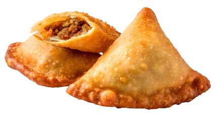 Two Golden Fried Samosas, One Cut Open Showing Savory Filling pastry isolated on a transparent background
