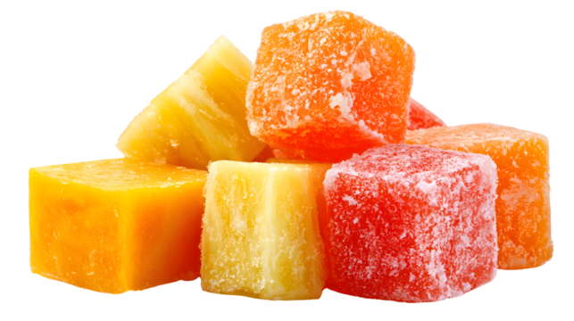 Assorted Candied Fruit Cubes and Pineapple Chunks candy sweet isolated on a transparent background