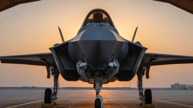 F-35 Lightning II fighter jet, front view, stationary on runway at sunset, emphasizing advanced