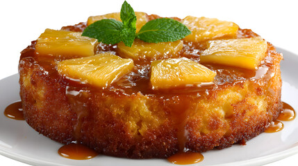 Pineapple Upside Down Cake with Caramel Drizzle and Mint Garnish dessert sweet isolated on a transparent background