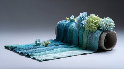 detailed woven runner with beaded texture, silk ribbon, hollow form with fresh flowers.