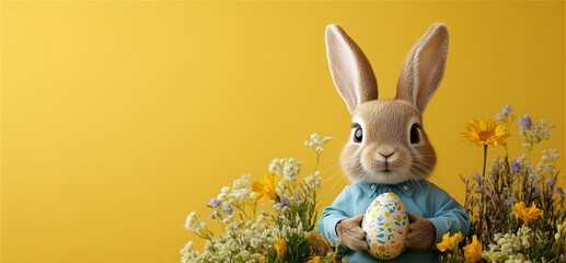 Easter bunny rabbit in blue shirt holding patterned egg among spring flowers on vibrant yellow background with copy space.