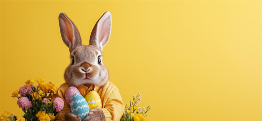 Easter bunny rabbit wearing yellow shirt holding colorful eggs and flowers against bright yellow background with copy space.