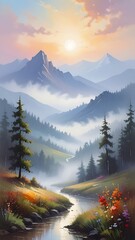 Misty mountain valley at sunrise