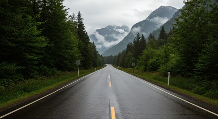Mountain Road Serenity Journey into Majestic Nature with Clouds, and and Greenery.