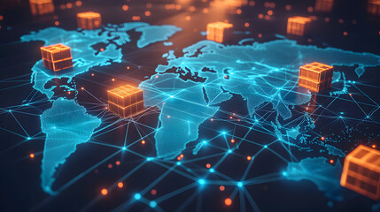 Obraz premium Digital holographic map showing illuminated global supply chain routes, warehouse hubs, and logistics pathways, futuristic 3D visualization of transportation technology.