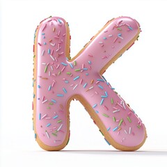 A font K donut shape with pink cream topping, snack food isolated white