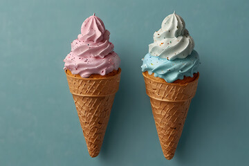 Two colorful ice cream cones on a teal background
