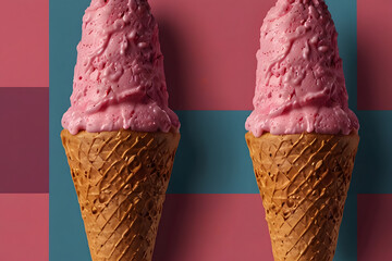 Two delicious strawberry ice cream cones on a colorful background