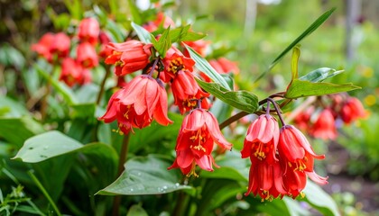 Red bell-shaped flowers in garden
