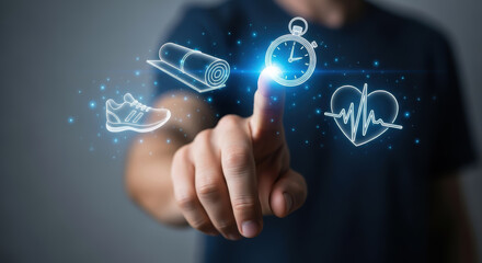 Male individual interacting with digital fitness icons, including a stopwatch, yoga mat, running shoe, and heart rate symbol, representing health and wellness technology