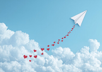 Ai colorful paper airplane flying through clouds leaving red heart trails against a blue sky, happy valentine's day