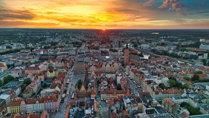 Golden Hour Aerial Panorama of Wrocław Old Town with Market Square, Historic Tenement Houses and Gothic Architecture in the Heart of Poland