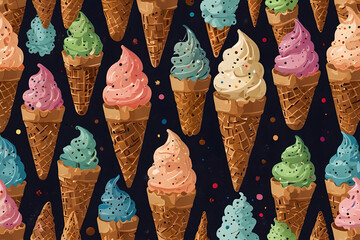 Vibrant assortment of colorful ice cream cones on a dark background