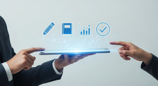 Business professionals engaging with a digital tablet, showcasing icons of productivity, analytics, and organization, representing modern technology in collaborative environments