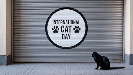 Black cat sits patiently in front of a metal garage door with a circular sign celebrating international cat day with paw prints
