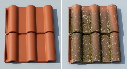 New And Old Roof Tiles Comparison - Comparison of new and old roof tiles. One is clean, the other is dirty with algae