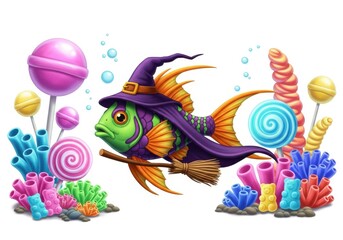 Obraz premium Whimsical green fish wearing witch hat rides broomstick surrounded by colorful candies and coral
