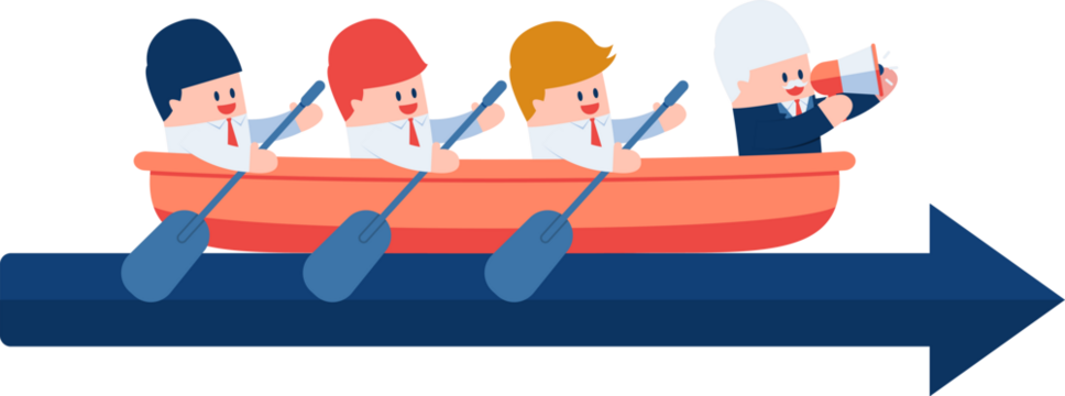 Teamwork Vector Illustration Featuring Business People Rowing Boat on Blue Arrow toward Success in Transparent Background Flat Design Style Graphic